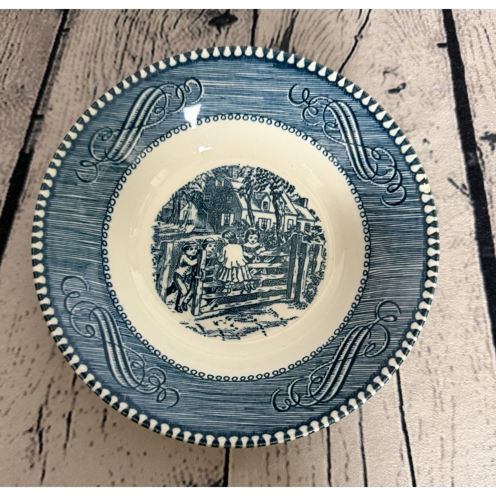 Currier & Ives Blue and White "Children At The Old Farm Gate" Berry Bowl 5.5"